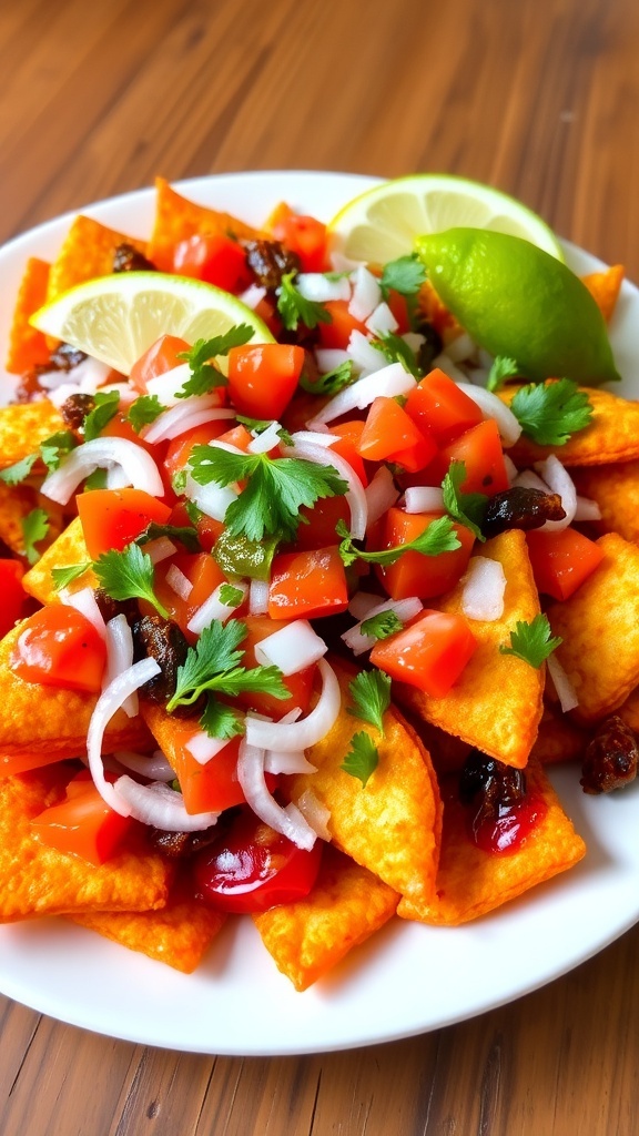 A colorful plate of Kurkure Chips Chat with onions, tomatoes, chutneys, and lemon wedges.